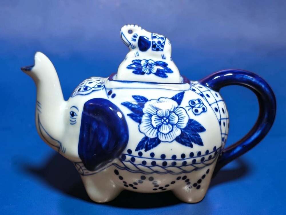Blue and White Porcelain Elephant Teapot with Baby Elephant Lid